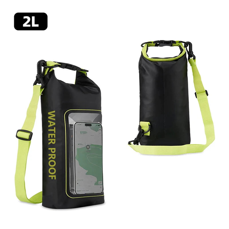Mobile Waterproof Bags 2L PVC Swimming Bag in black, showcasing its durable design and spacious interior for water sports.