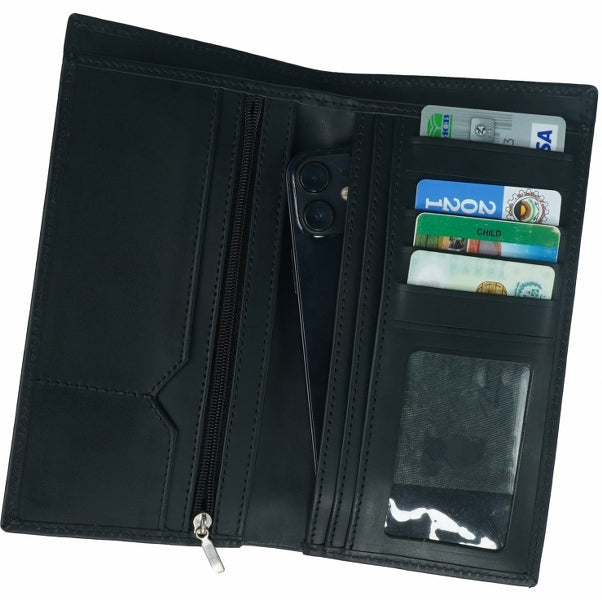 Multi Purpose Leather Long Wallet in BLACK, featuring multiple card slots, ID window, zipper pocket, and cash compartments.