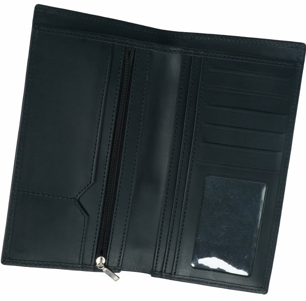 Multi Purpose Leather Long Wallet in BLACK, featuring multiple card slots, ID window, zipper pocket, and cash compartments.