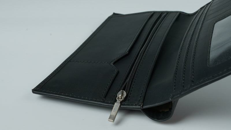 Multi Purpose Leather Long Wallet in BLACK, featuring multiple card slots, ID window, zipper pocket, and cash compartments.