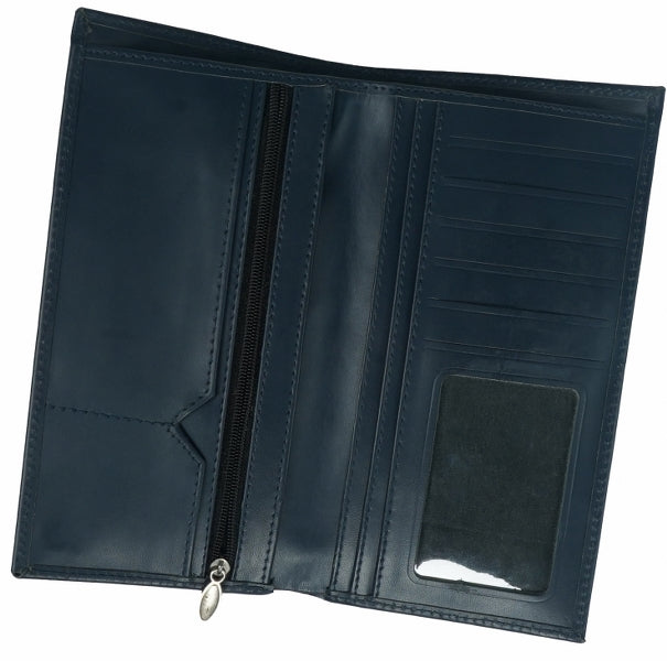 Multi Purpose Leather Long Wallet in blue, featuring multiple card slots, a zipper pocket, and made from natural cow leather.