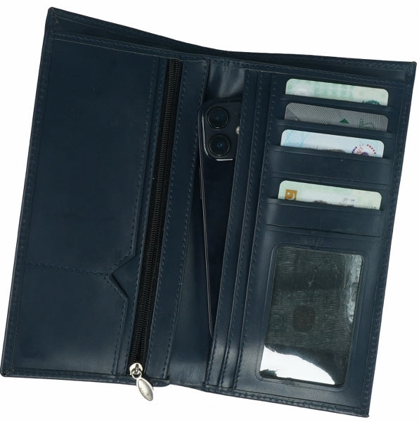 Multi Purpose Leather Long Wallet in blue, featuring multiple card slots, a zipper pocket, and made from natural cow leather.