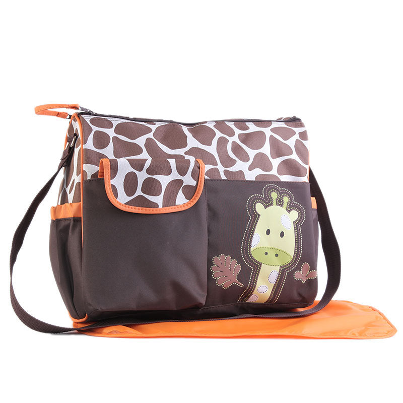 A stylish multi-function mommy bag featuring an animal pattern, designed for versatile carrying with a spacious interior.