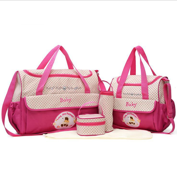 Multifunctional 5-Piece Maternity Messenger Mummy Bags in stylish design, showcasing various compartments and accessories for new moms.