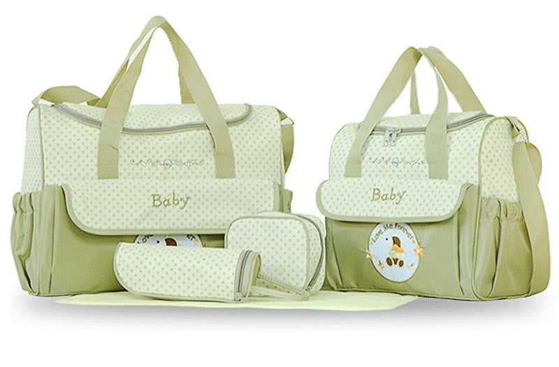 Multifunctional 5-Piece Maternity Messenger Mummy Bags in stylish design, showcasing various compartments and accessories for new moms.