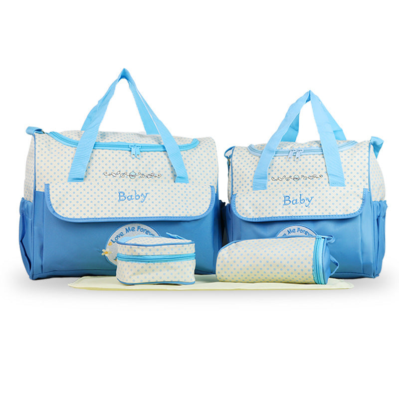Multifunctional 5-Piece Maternity Messenger Mummy Bags in stylish design, showcasing various compartments and accessories for new moms.