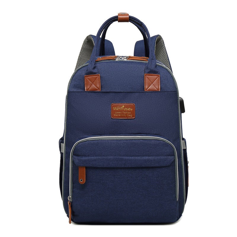 Multifunctional large-capacity mommy bag with USB port, showcasing its stylish design and multiple pockets.