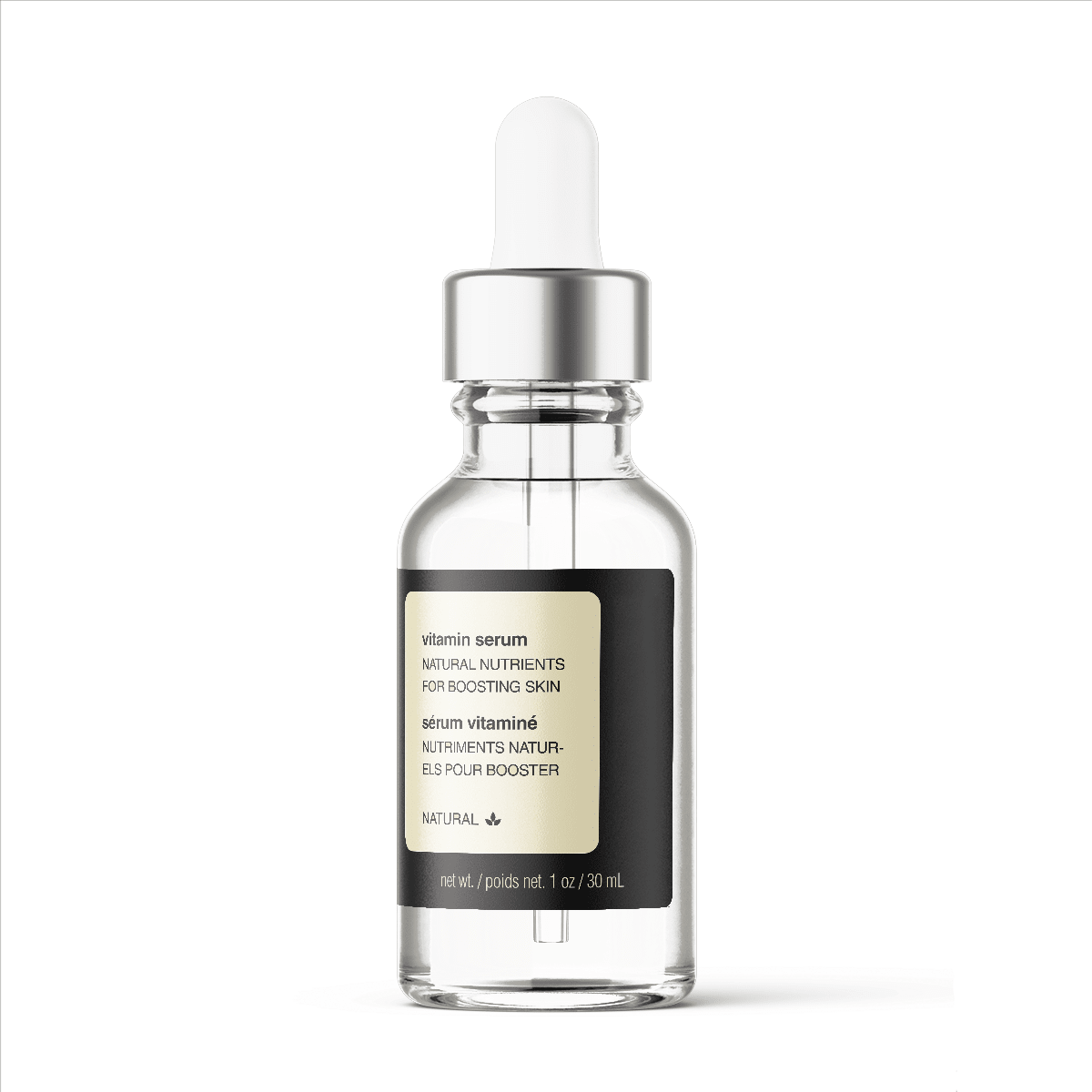 Natural Vitamin Boost Serum in a 1oz bottle, featuring a bright and refreshing design, ideal for skincare routines.