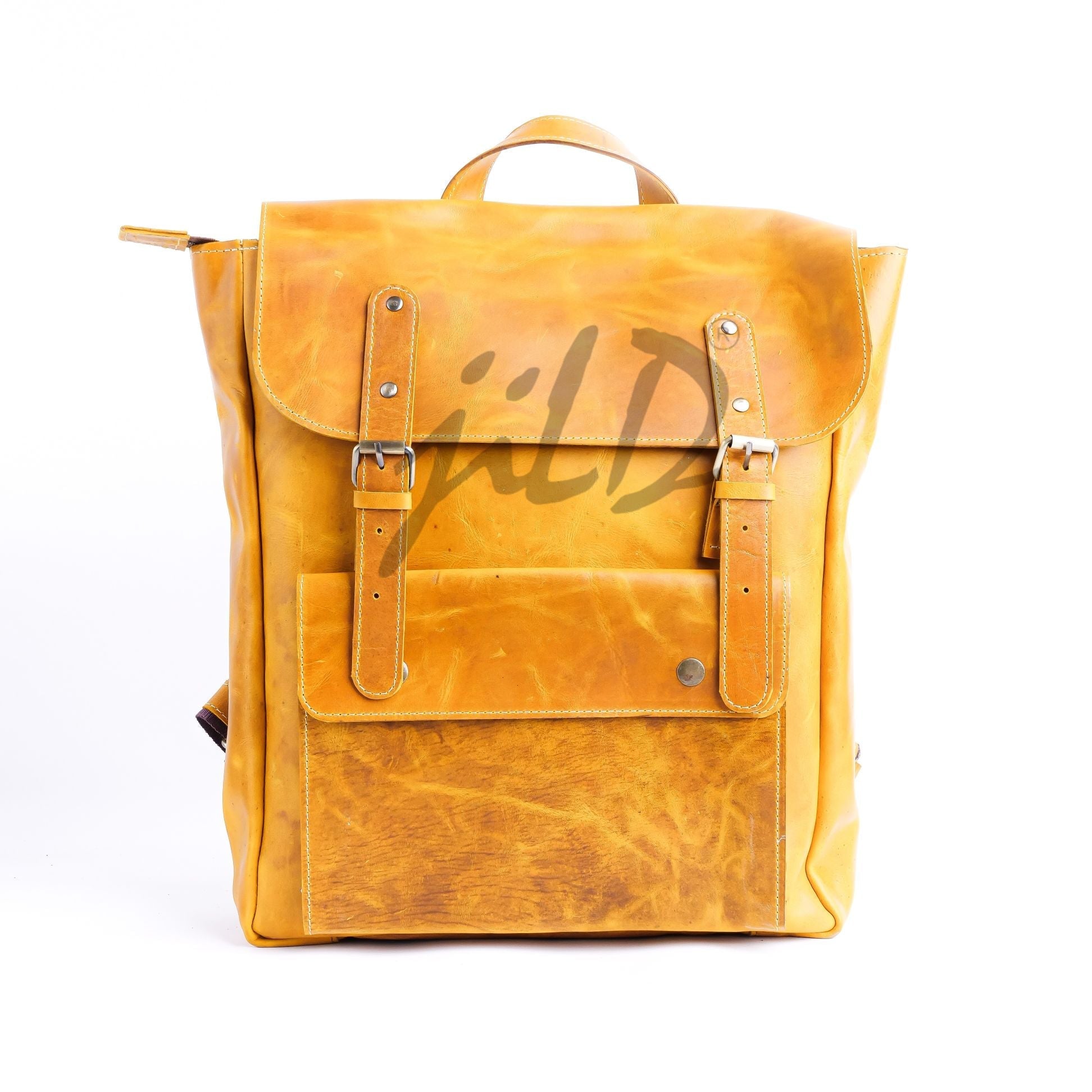 Nomad Vintage Leather Backpack in Camel Brown, showcasing its genuine leather material and spacious design.