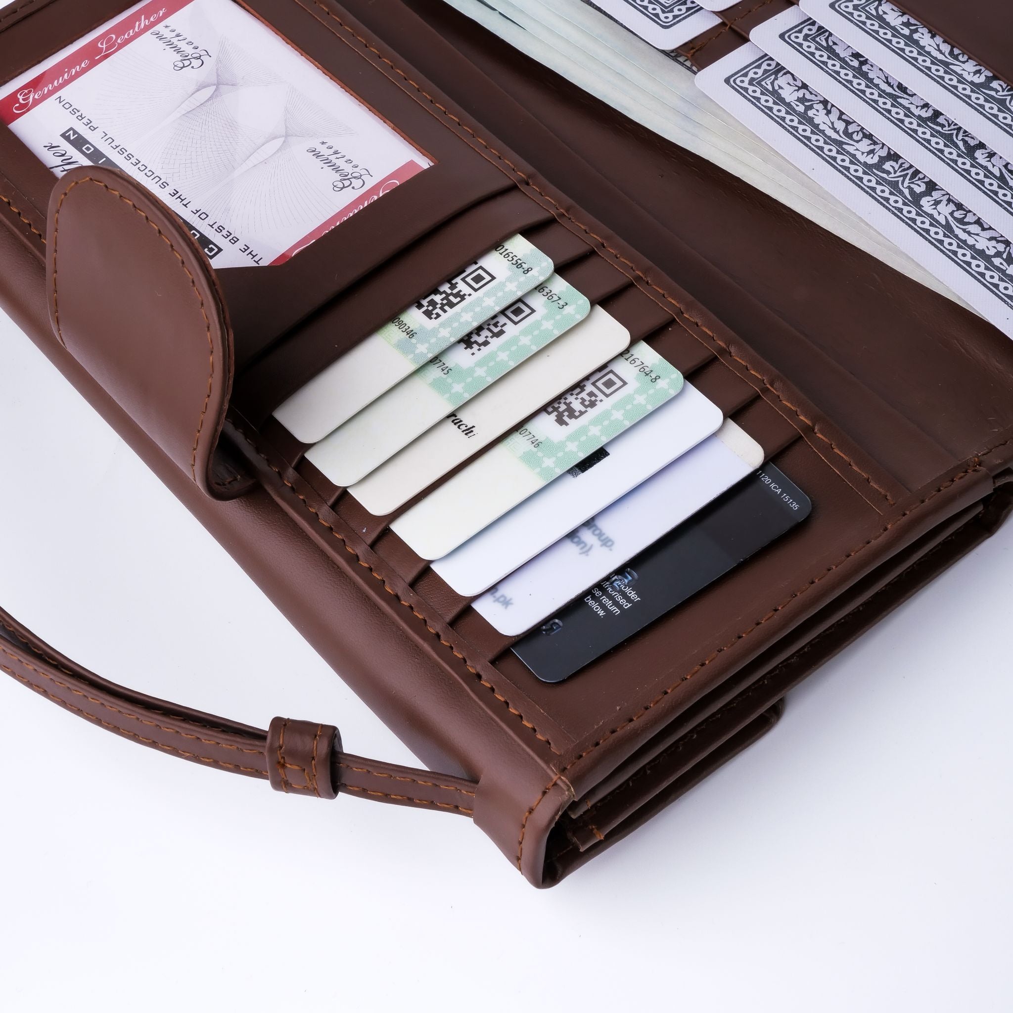 Nova-Womens Handle Leather Clutch Wallet in Brown, featuring adjustable handle strap and secure magnetic and zipper closures.