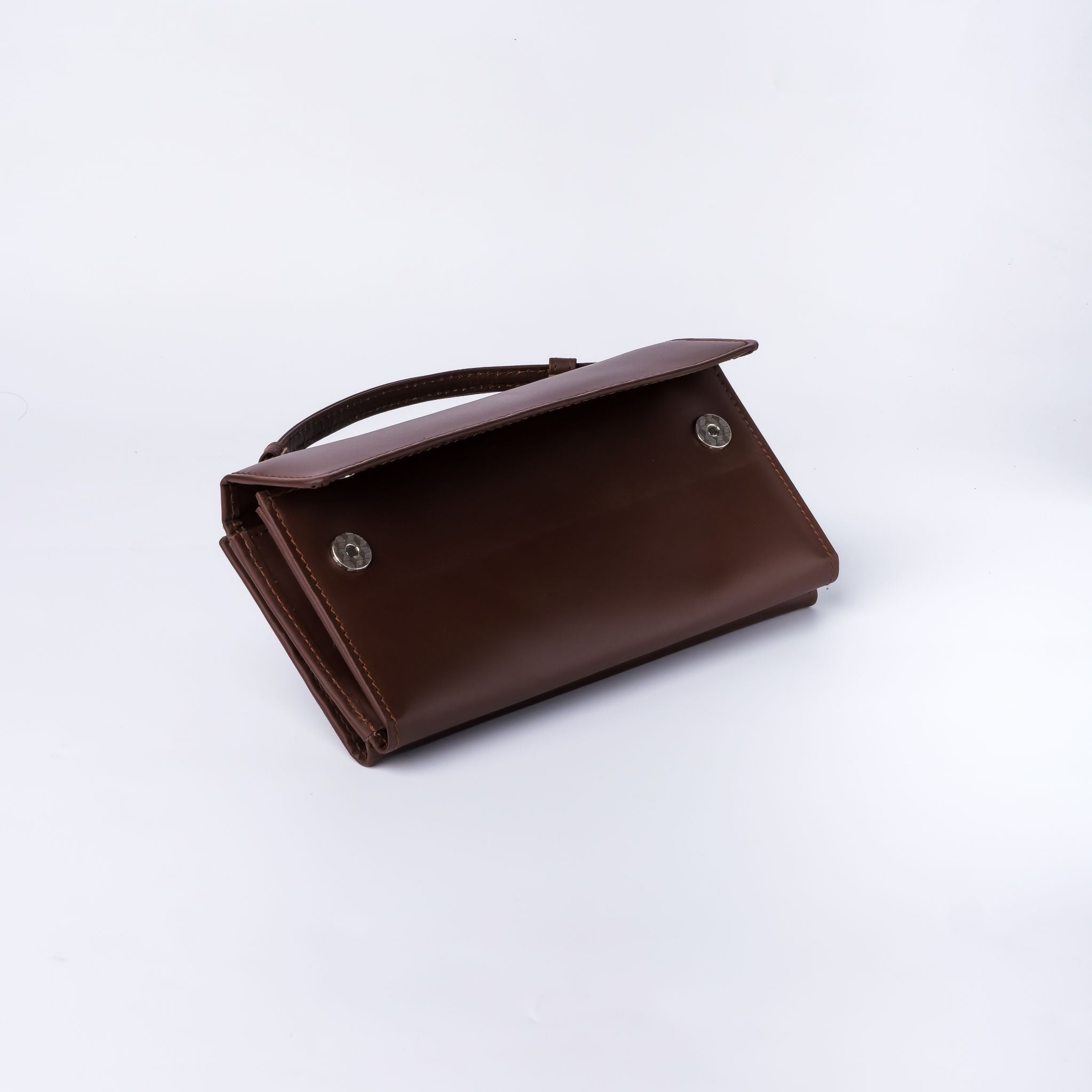 Nova-Womens Handle Leather Clutch Wallet in Brown, featuring adjustable handle strap and secure magnetic and zipper closures.