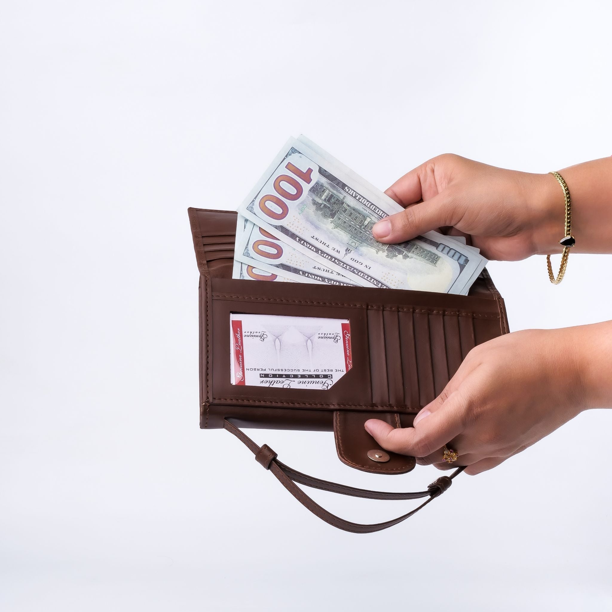 Nova-Womens Handle Leather Clutch Wallet in Brown, featuring adjustable handle strap and secure magnetic and zipper closures.