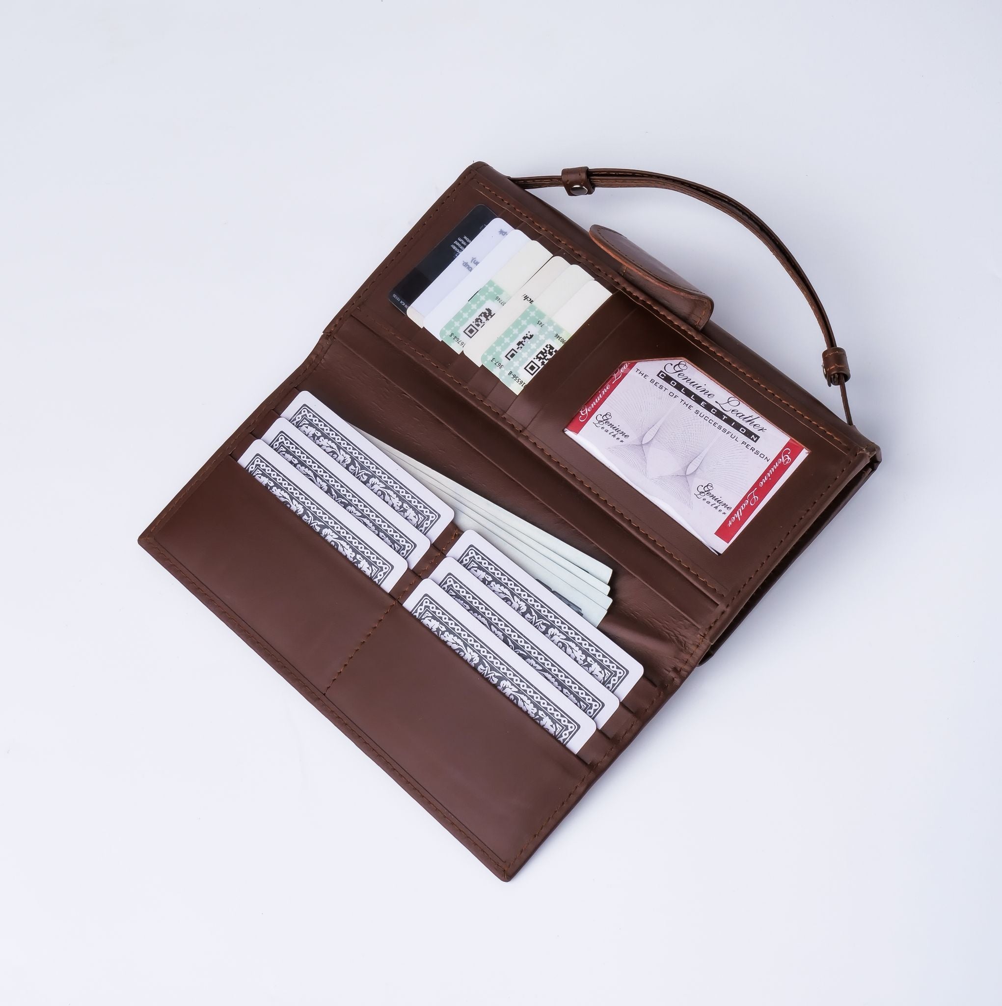 Nova-Womens Handle Leather Clutch Wallet in Brown, featuring adjustable handle strap and secure magnetic and zipper closures.