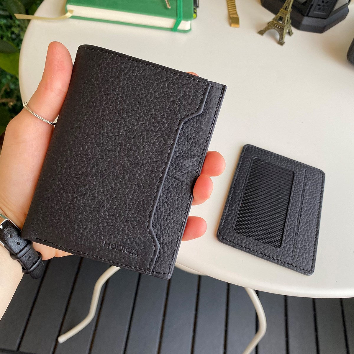 Oregon Genuine Leather Wallet featuring a removable card holder, showcasing its elegant design and multiple compartments.