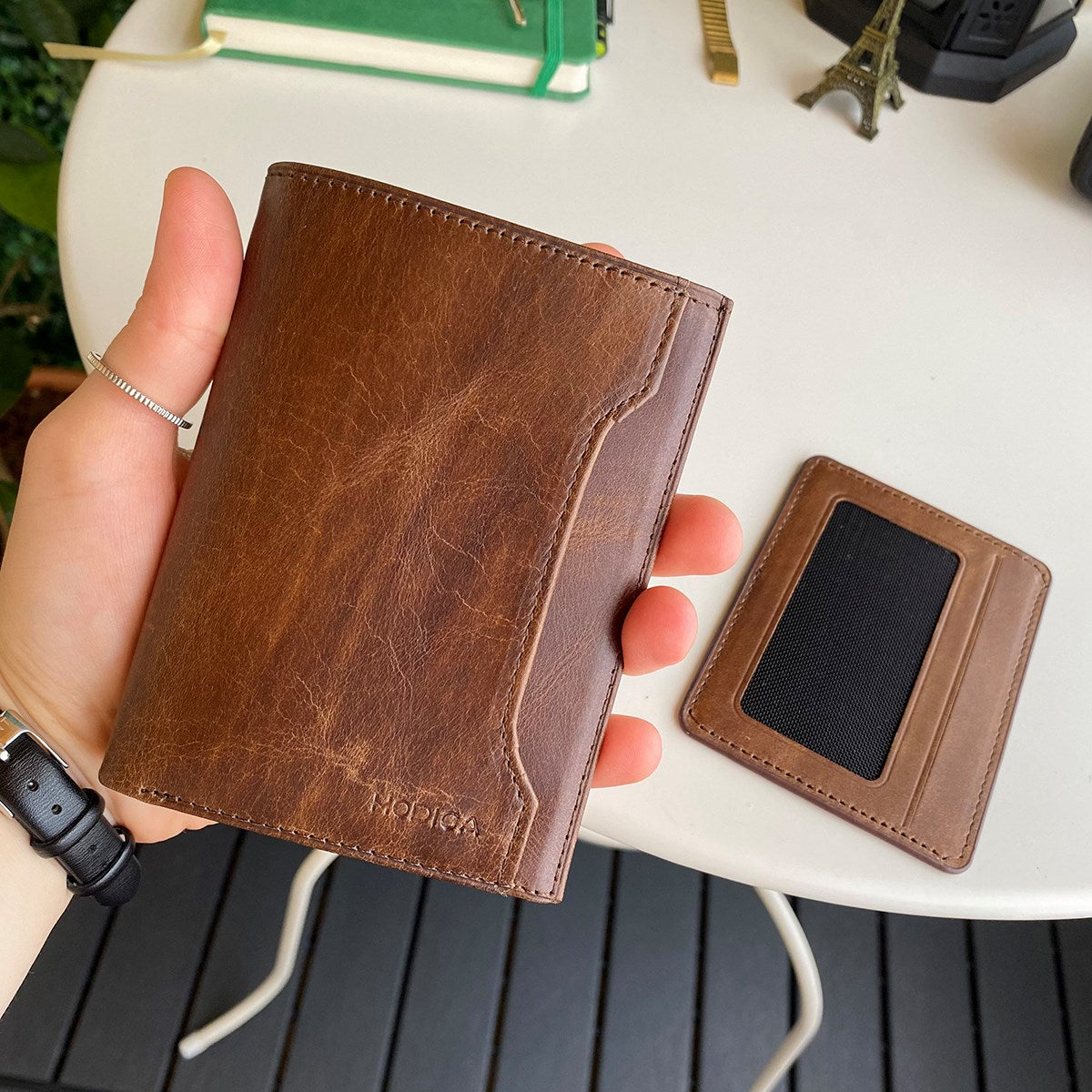 Oregon Genuine Leather Wallet featuring a removable card holder, showcasing its elegant design and multiple compartments.