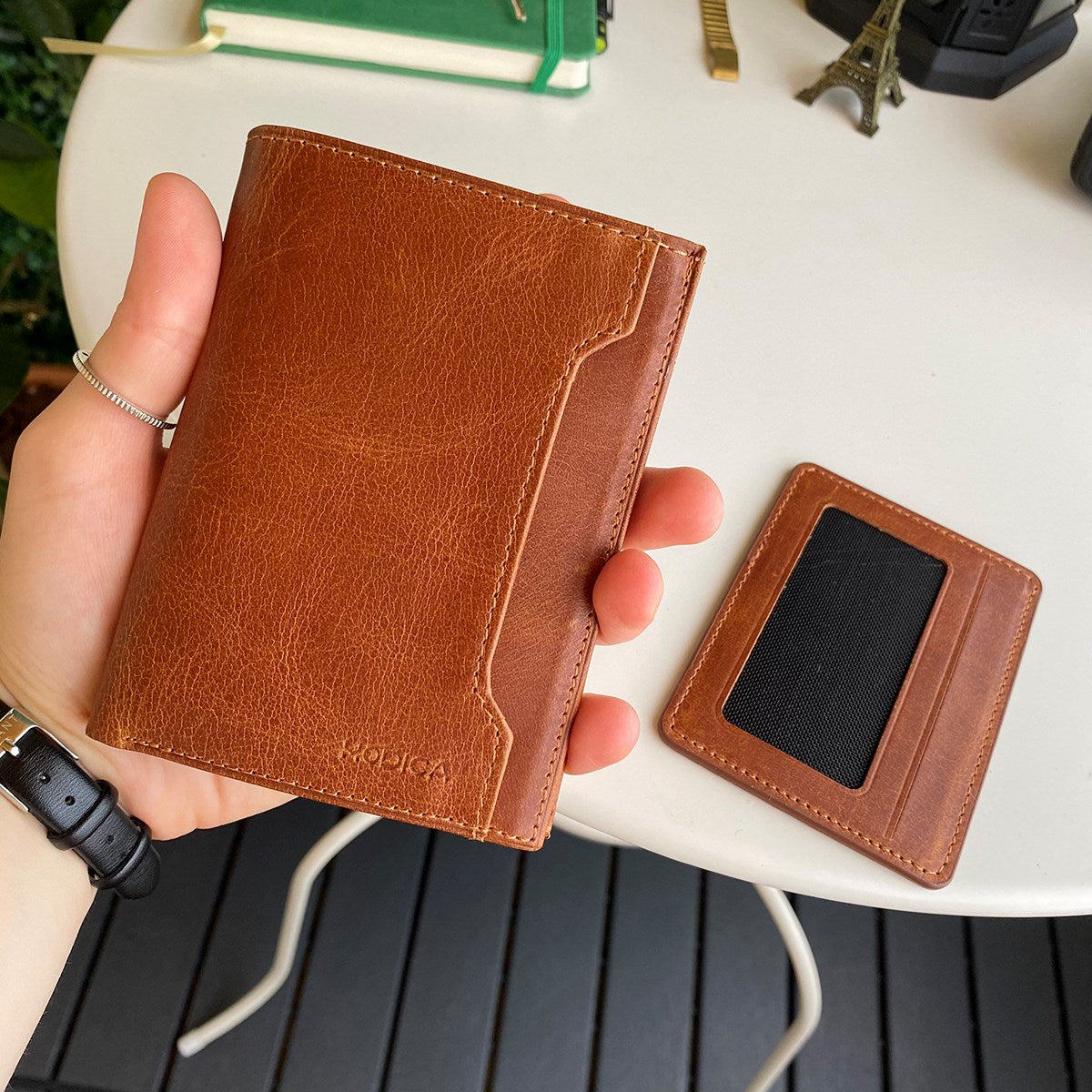 Oregon Genuine Leather Wallet featuring a removable card holder, showcasing its elegant design and multiple compartments.