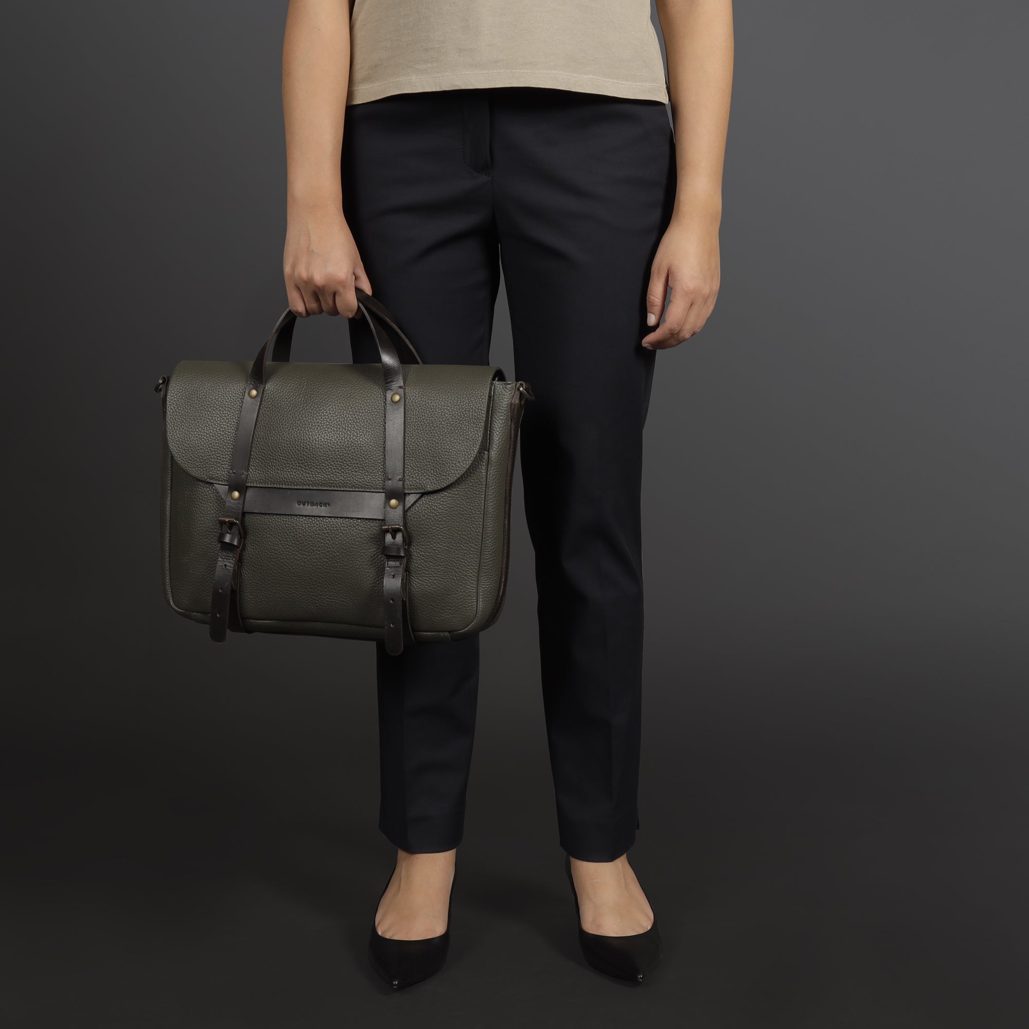 Oslo Leather Briefcase showcasing premium full grain leather, spacious compartments, and a comfortable shoulder strap.