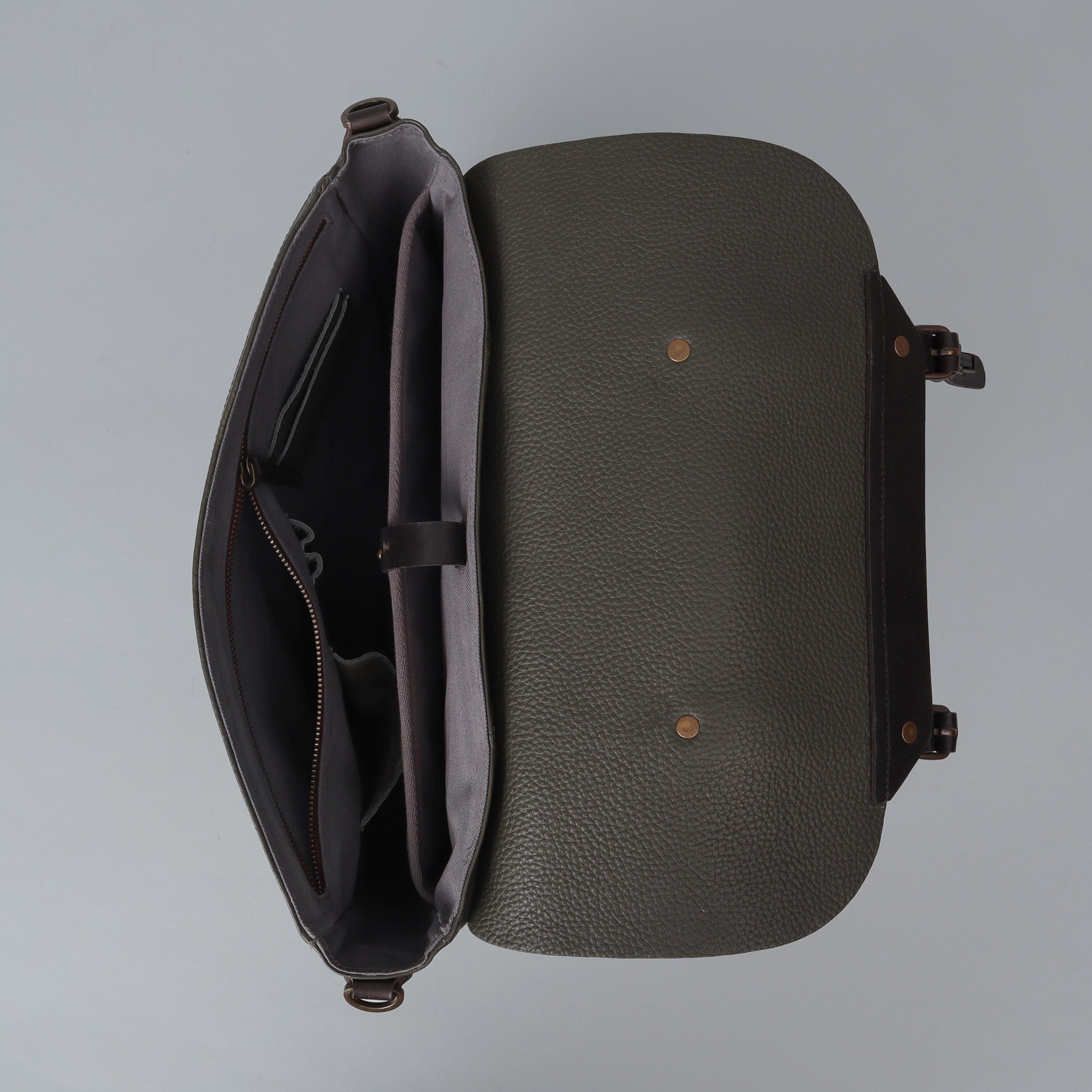 Oslo Leather Briefcase showcasing premium full grain leather, spacious compartments, and a comfortable shoulder strap.