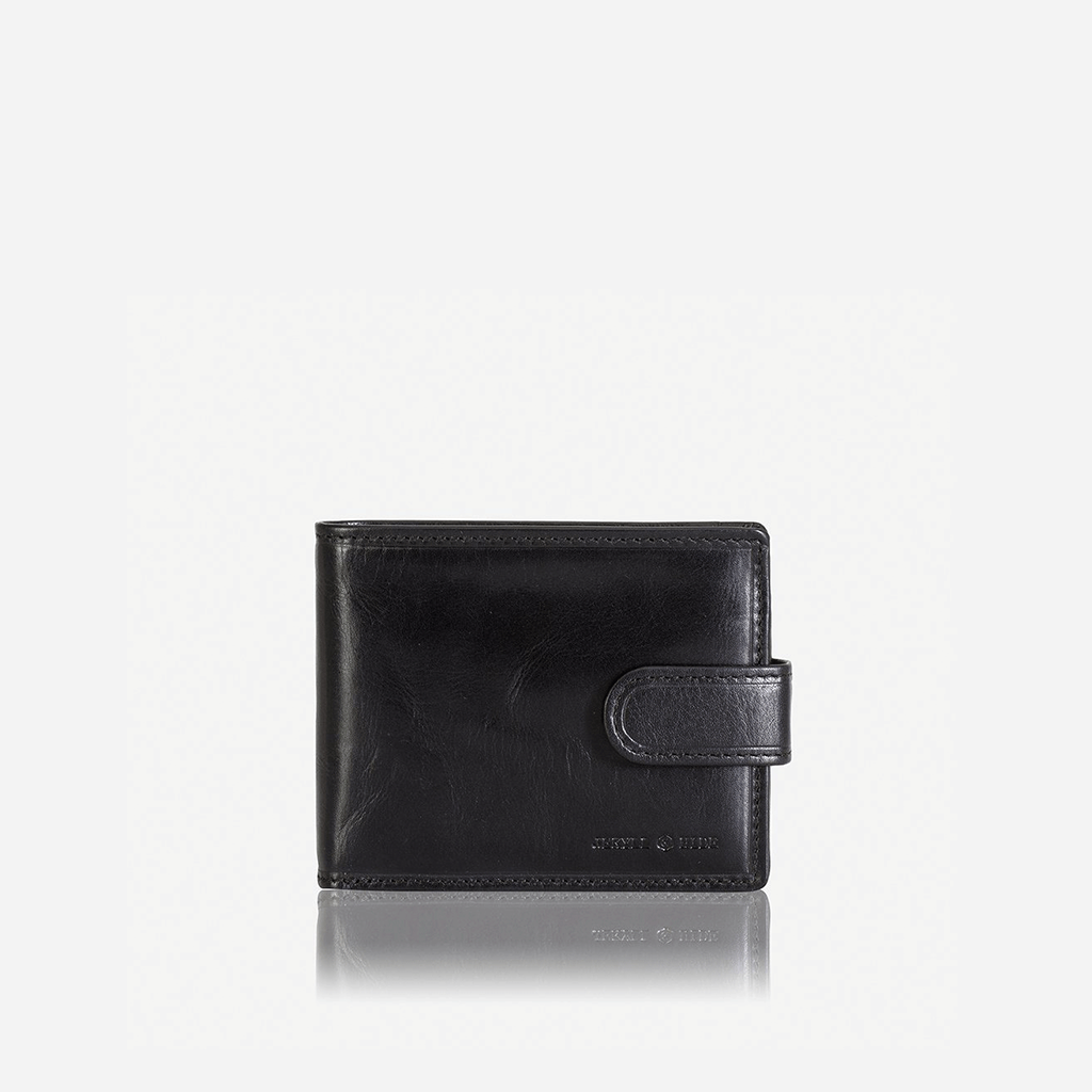 Oxford Bifold Wallet in black leather with coin and tab closure, showcasing its sleek design and compact size.