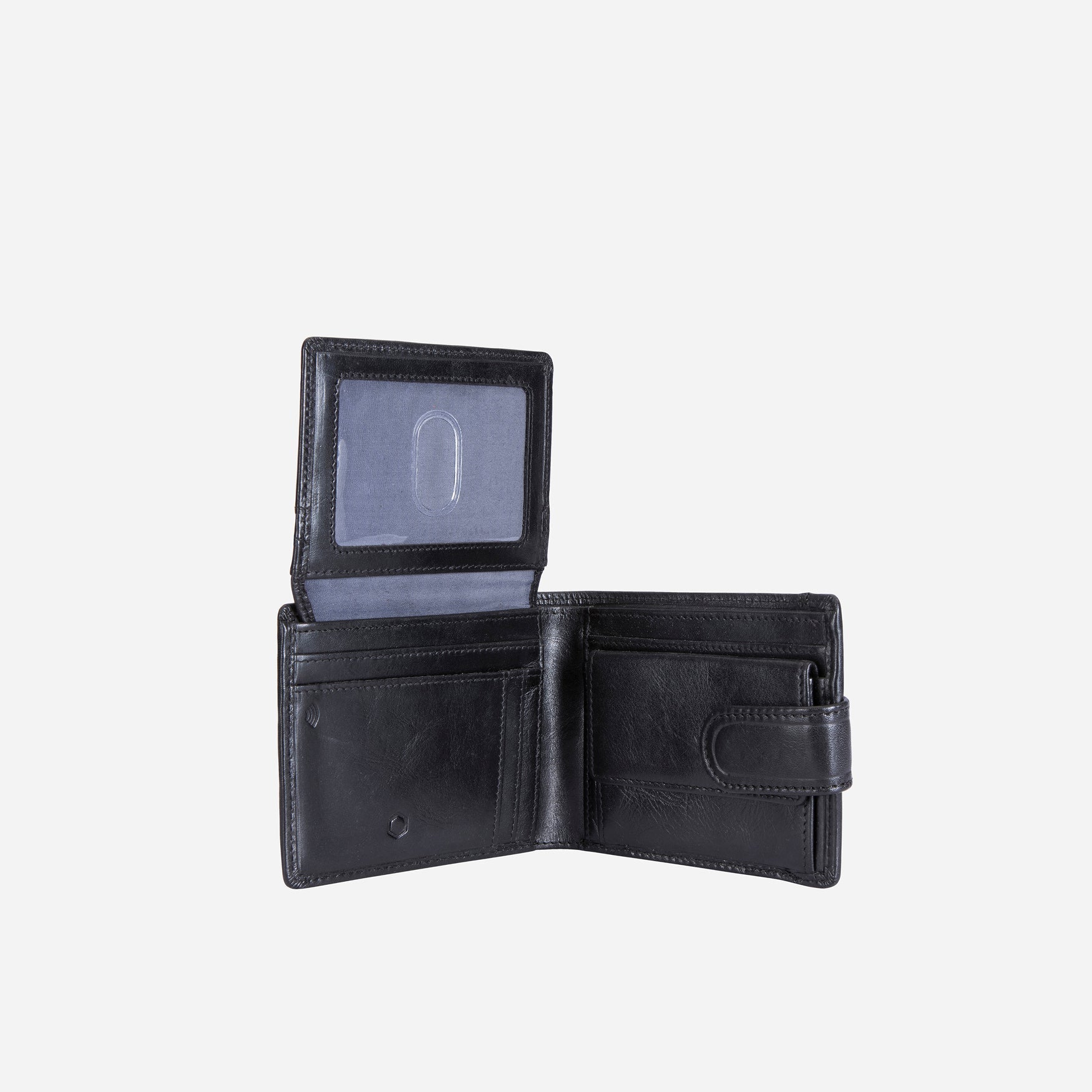 Oxford Bifold Wallet in black leather with coin and tab closure, showcasing its sleek design and compact size.
