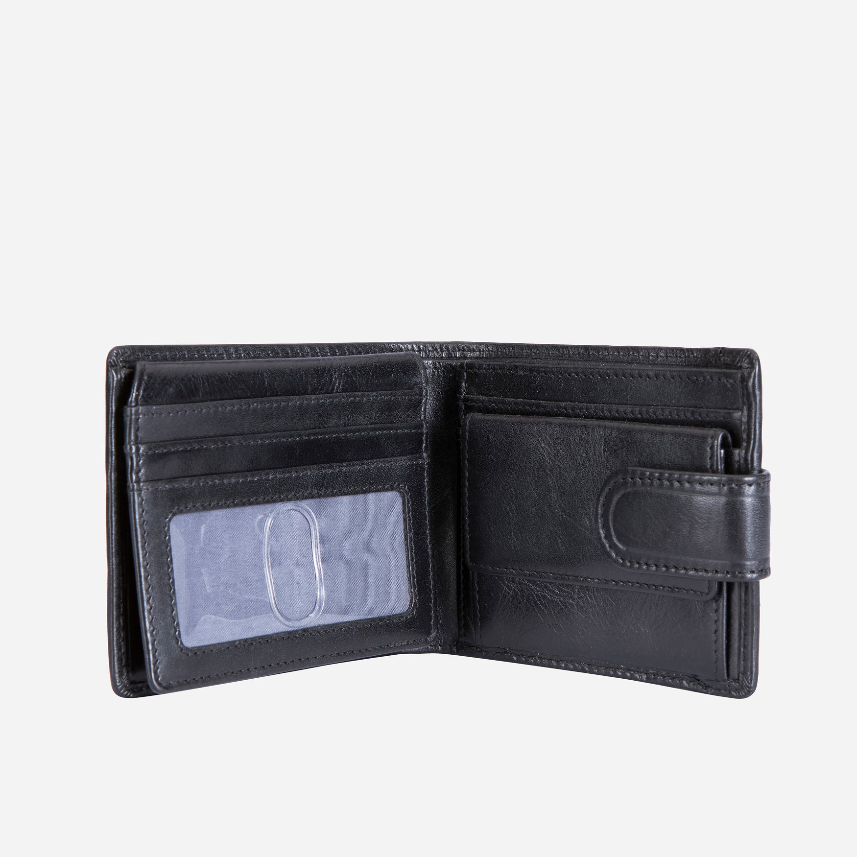Oxford Bifold Wallet in black leather with coin and tab closure, showcasing its sleek design and compact size.