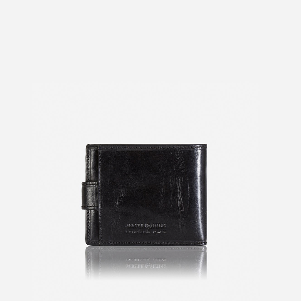 Oxford Bifold Wallet in black leather with coin and tab closure, showcasing its sleek design and compact size.