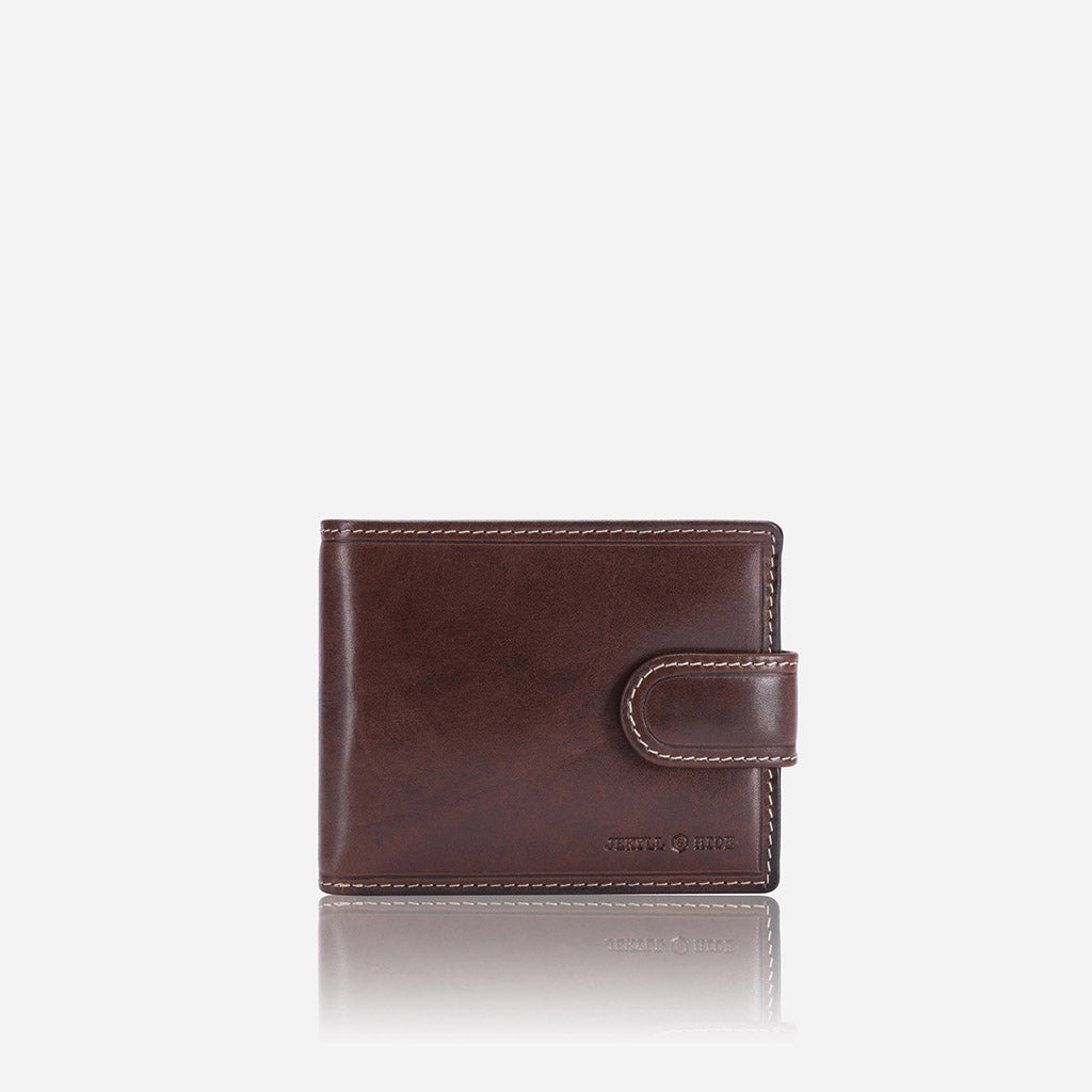 Oxford Billfold Wallet in Coffee color with coin pocket and tab closure, showcasing its compact and stylish design.