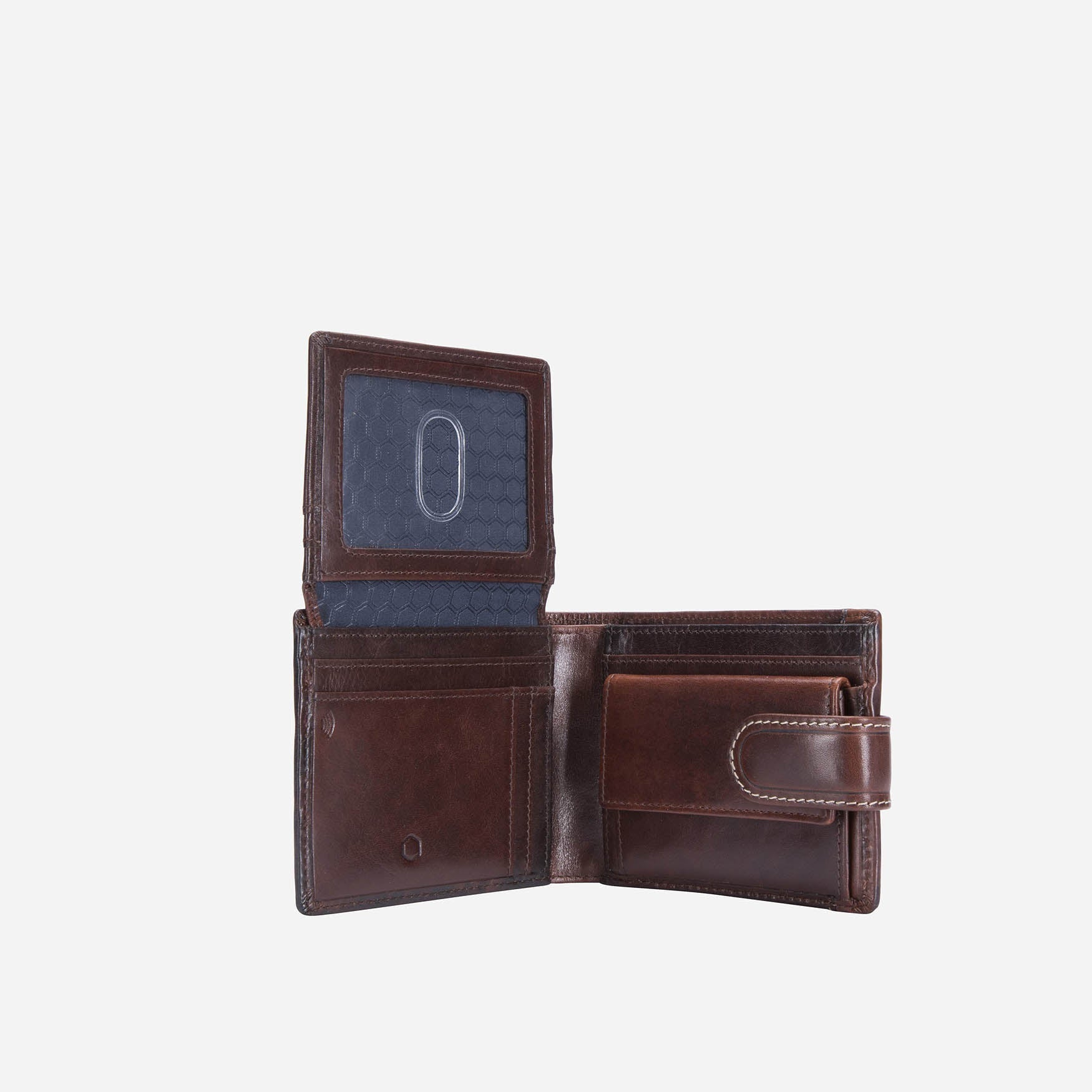 Oxford Billfold Wallet in Coffee color with coin pocket and tab closure, showcasing its compact and stylish design.