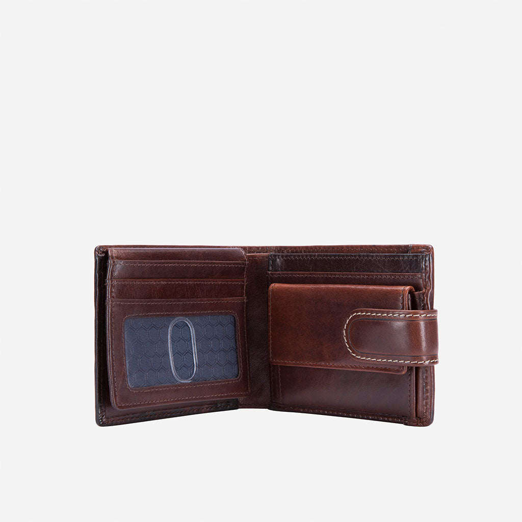 Oxford Billfold Wallet in Coffee color with coin pocket and tab closure, showcasing its compact and stylish design.
