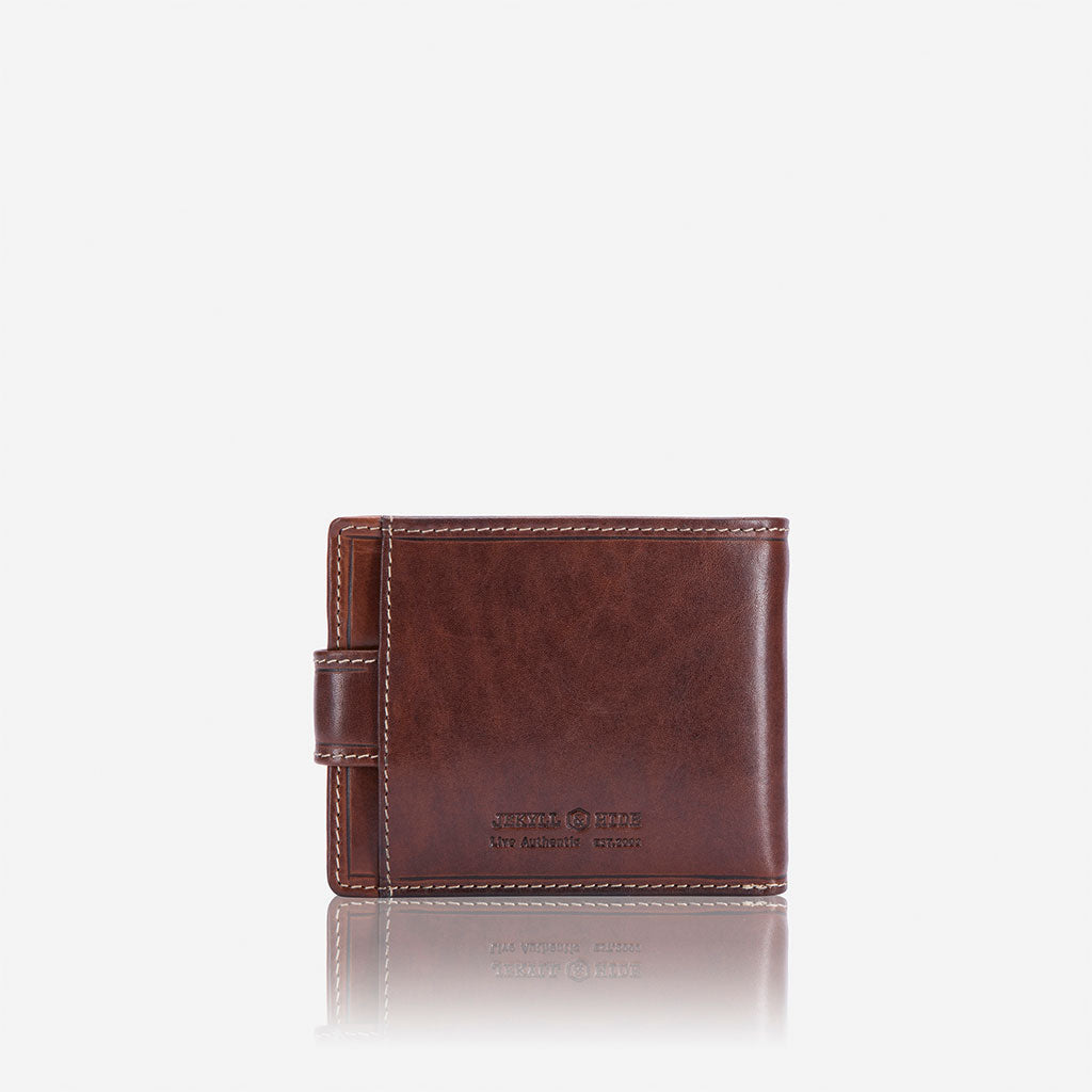 Oxford Billfold Wallet in Coffee color with coin pocket and tab closure, showcasing its compact and stylish design.