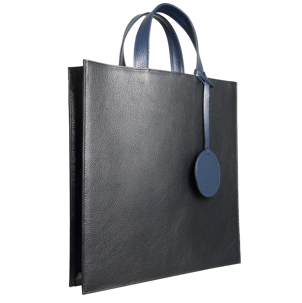 A stylish black pebbled leather briefcase tote bag with contrasting leather handles and a bi-colored geometrical charm, showcasing its elegant design and durable craftsmanship.