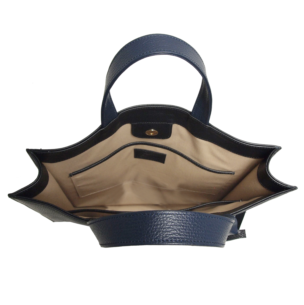 A stylish black pebbled leather briefcase tote bag with contrasting leather handles and a bi-colored geometrical charm, showcasing its elegant design and durable craftsmanship.