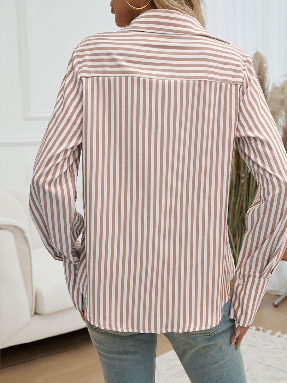 A stylish Pocketed Striped Collared Neck Long Sleeve Shirt featuring buttoned front and pocket, made from 100% polyester.