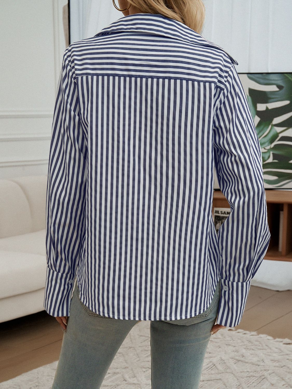 A stylish Pocketed Striped Collared Neck Long Sleeve Shirt featuring buttoned front and pocket, made from 100% polyester.
