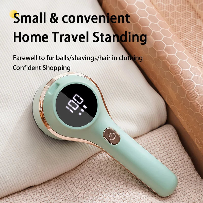 Portable lint remover with digital display and 6-blade steel knife, designed for efficient fabric shaving and hair removal.