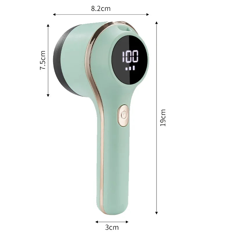 Portable lint remover with digital display and 6-blade steel knife, designed for efficient fabric shaving and hair removal.