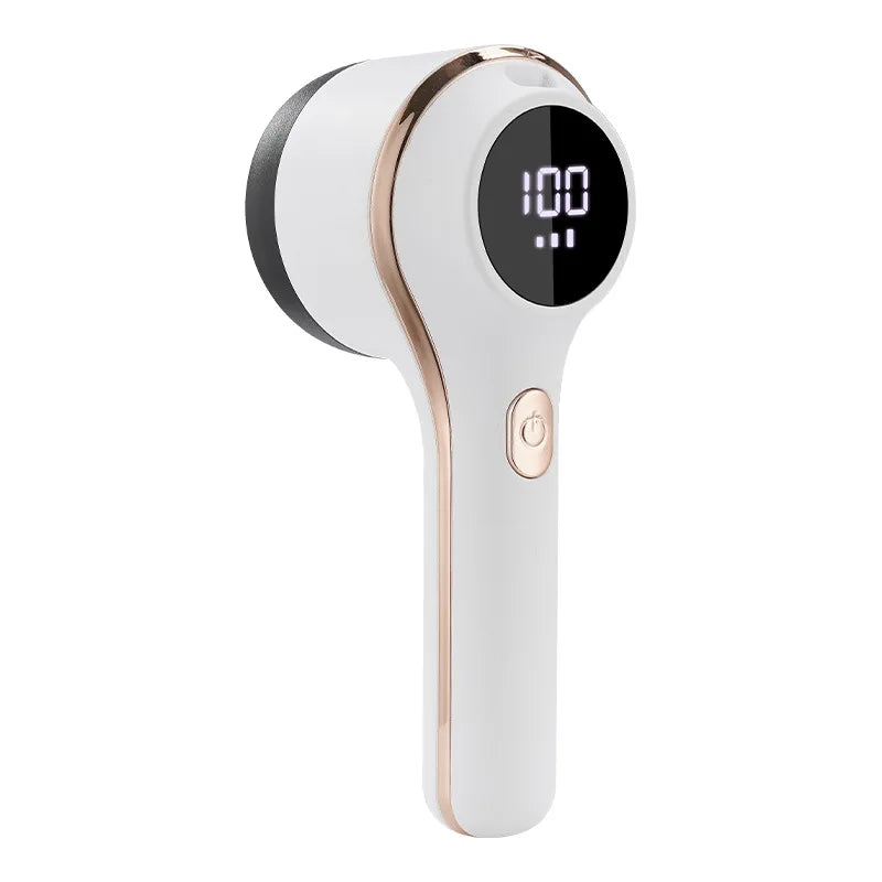 Portable lint remover with digital display and 6-blade steel knife, designed for efficient fabric shaving and hair removal.