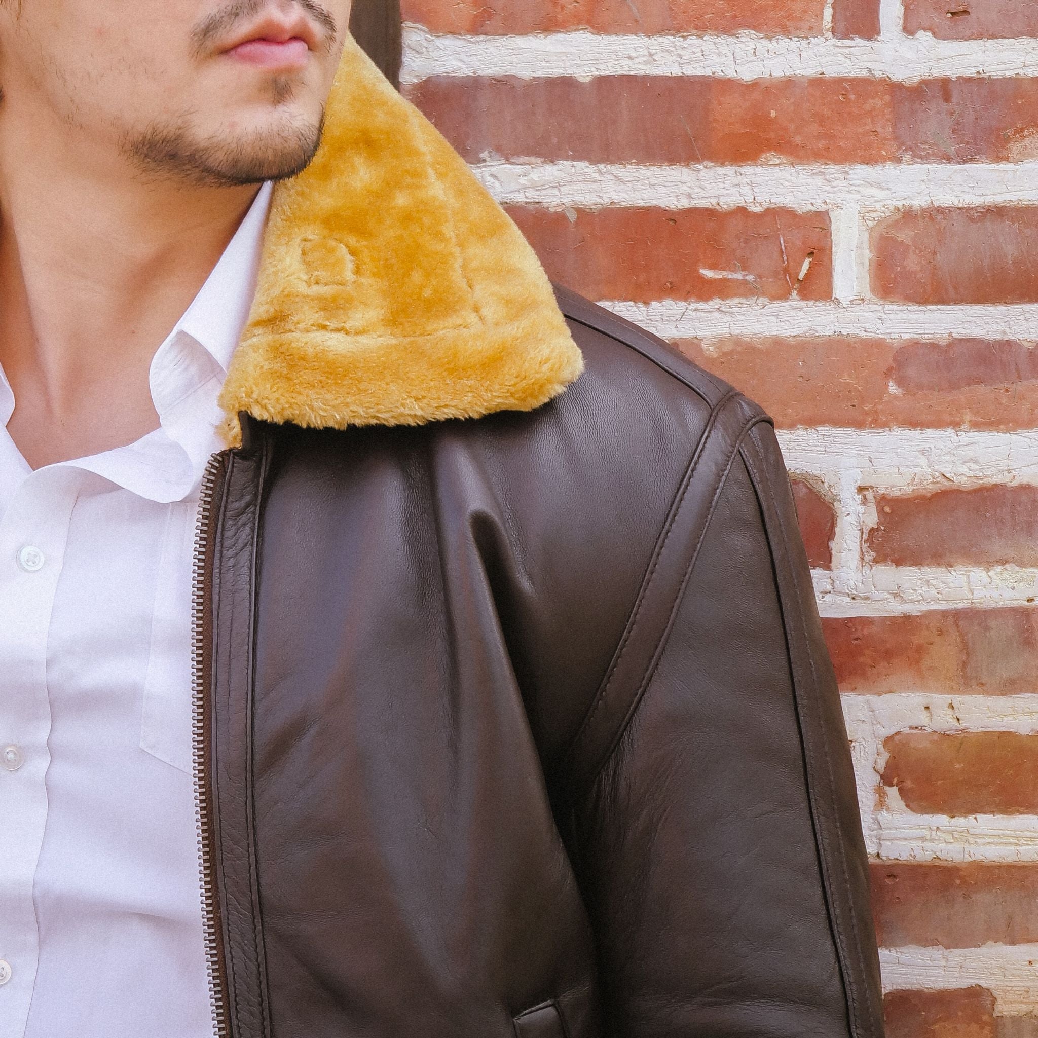 Premium Shearling Fur Leather Jacket in Brown, featuring genuine sheepskin leather, zipper sleeves, and full fur lining for warmth.