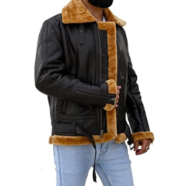 Premium Shearling Fur Leather Jacket in Brown, featuring genuine sheepskin leather, zipper sleeves, and full fur lining for warmth.