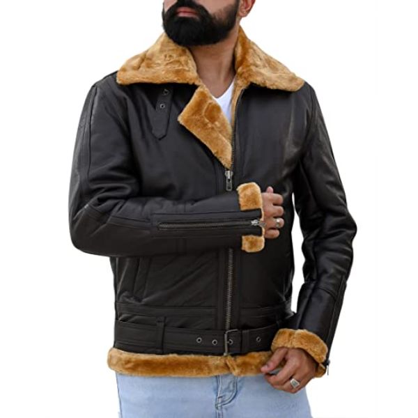 Premium Shearling Fur Leather Jacket in Brown, featuring genuine sheepskin leather, zipper sleeves, and full fur lining for warmth.