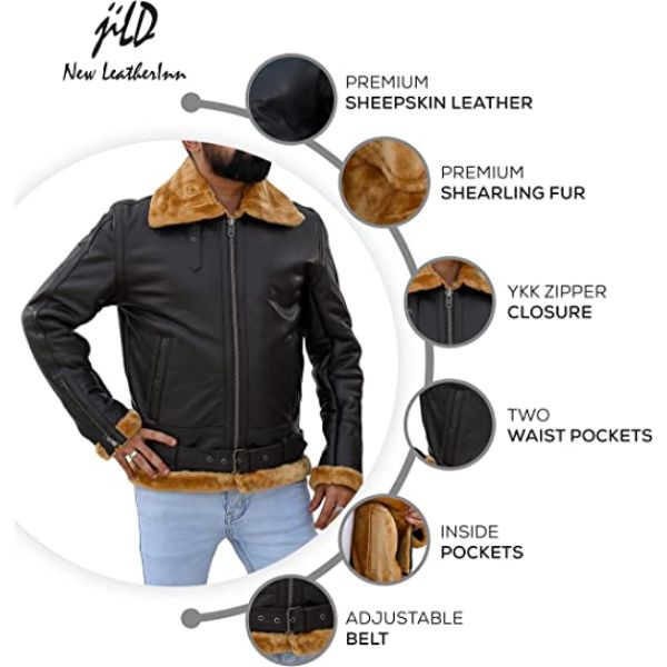 Premium Shearling Fur Leather Jacket in Brown, featuring genuine sheepskin leather, zipper sleeves, and full fur lining for warmth.