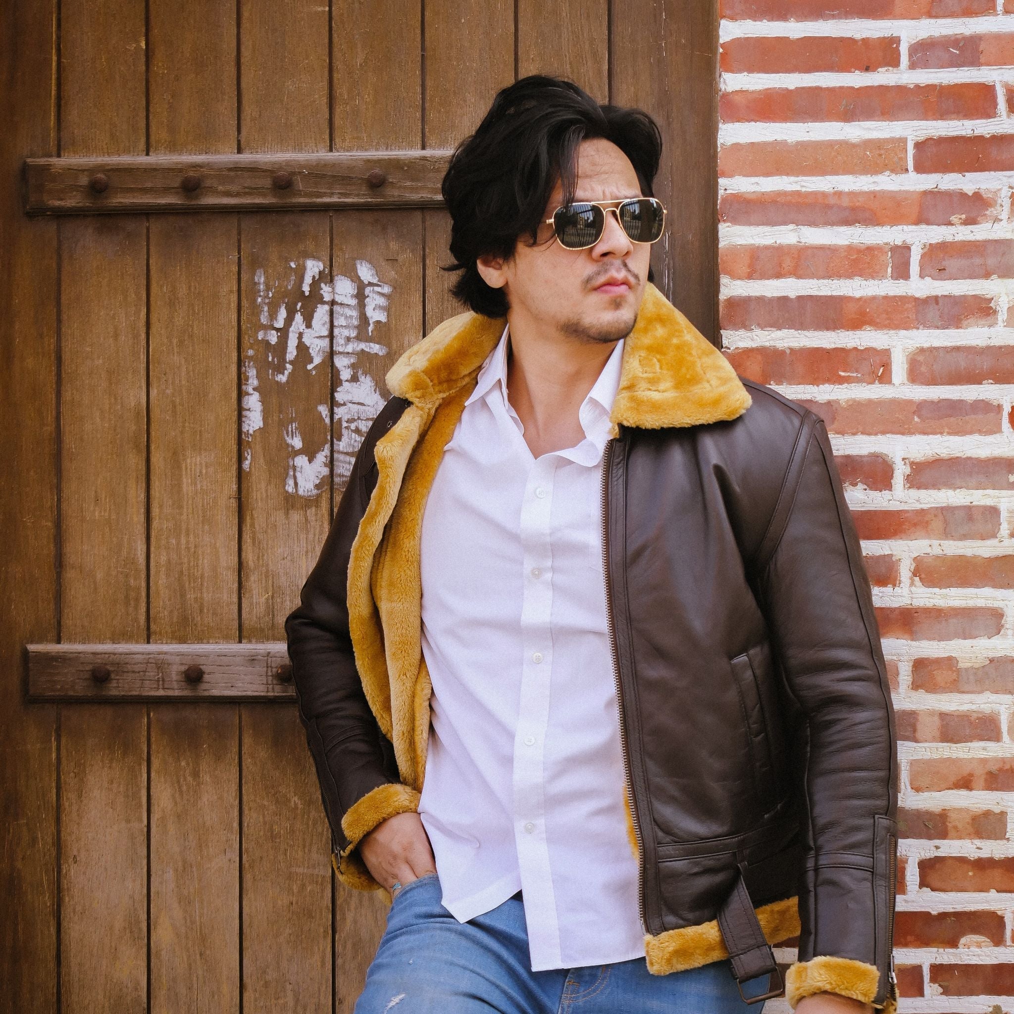 Premium Shearling Fur Leather Jacket in Brown, featuring genuine sheepskin leather, zipper sleeves, and full fur lining for warmth.