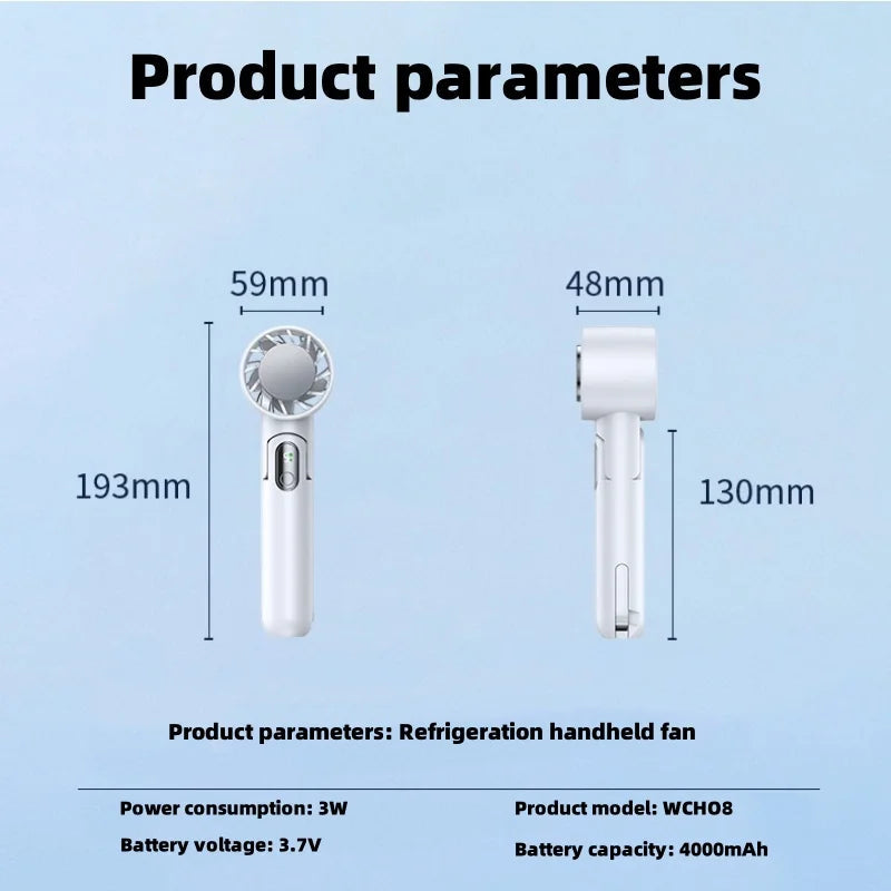 A sleek and portable Refrigeration Handheld Fan with a digital display, showcasing its foldable design and powerful airflow features.