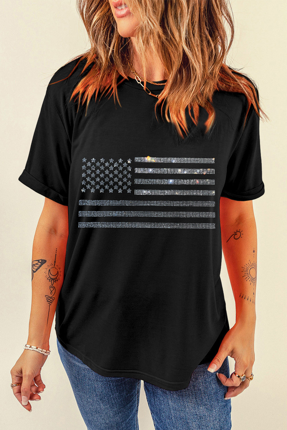 Rhinestone US Flag Round Neck Short Sleeve T-Shirt featuring a sparkling flag design on a comfortable fabric.