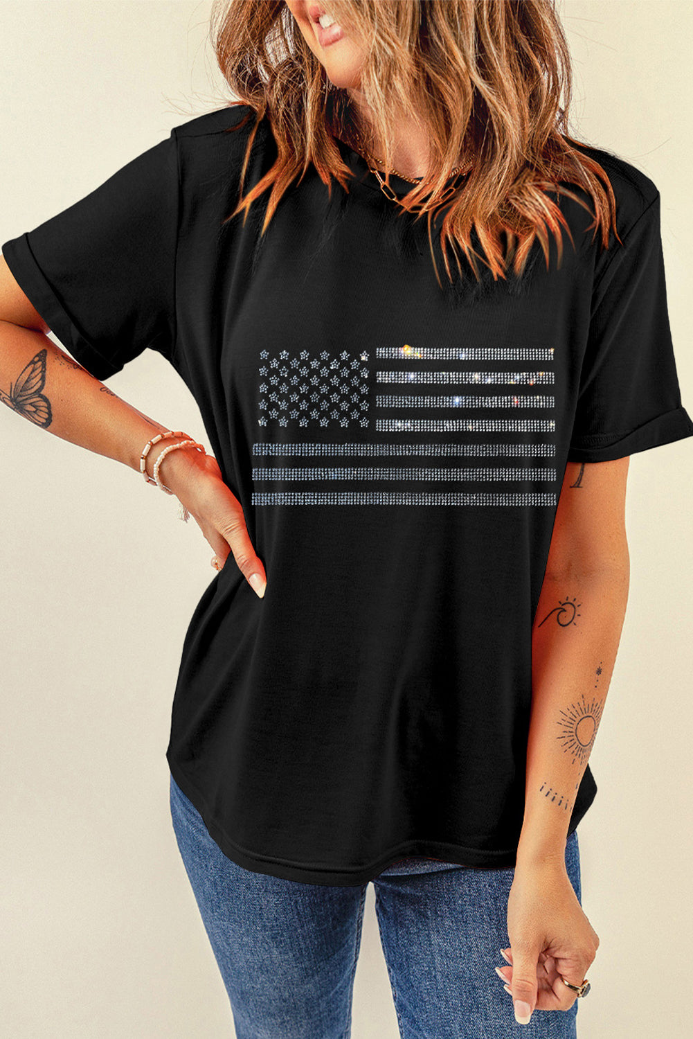 Rhinestone US Flag Round Neck Short Sleeve T-Shirt featuring a sparkling flag design on a comfortable fabric.