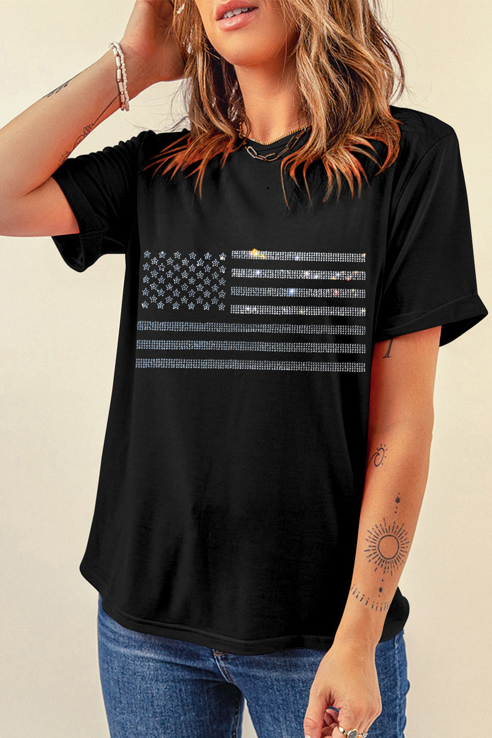 Rhinestone US Flag Round Neck Short Sleeve T-Shirt featuring a sparkling flag design on a comfortable fabric.