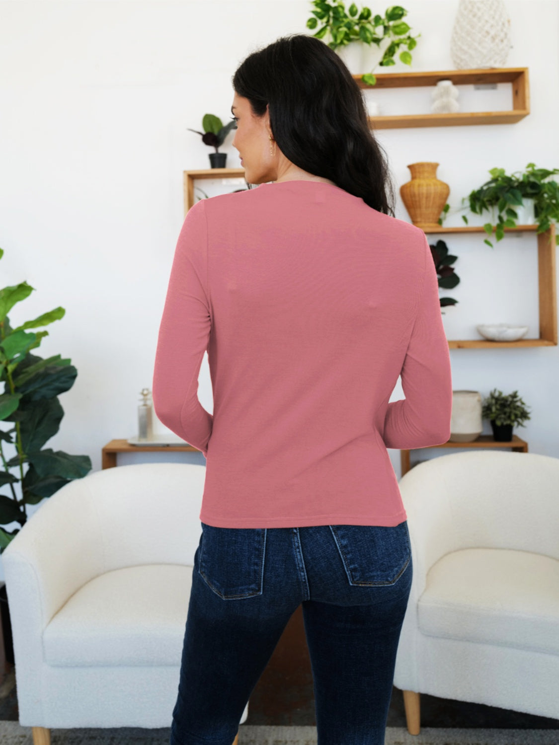 Ruched Mock Neck Long Sleeve T-Shirt in a stylish design, featuring a mock neck and long sleeves, made from a comfortable polyester-spandex blend.