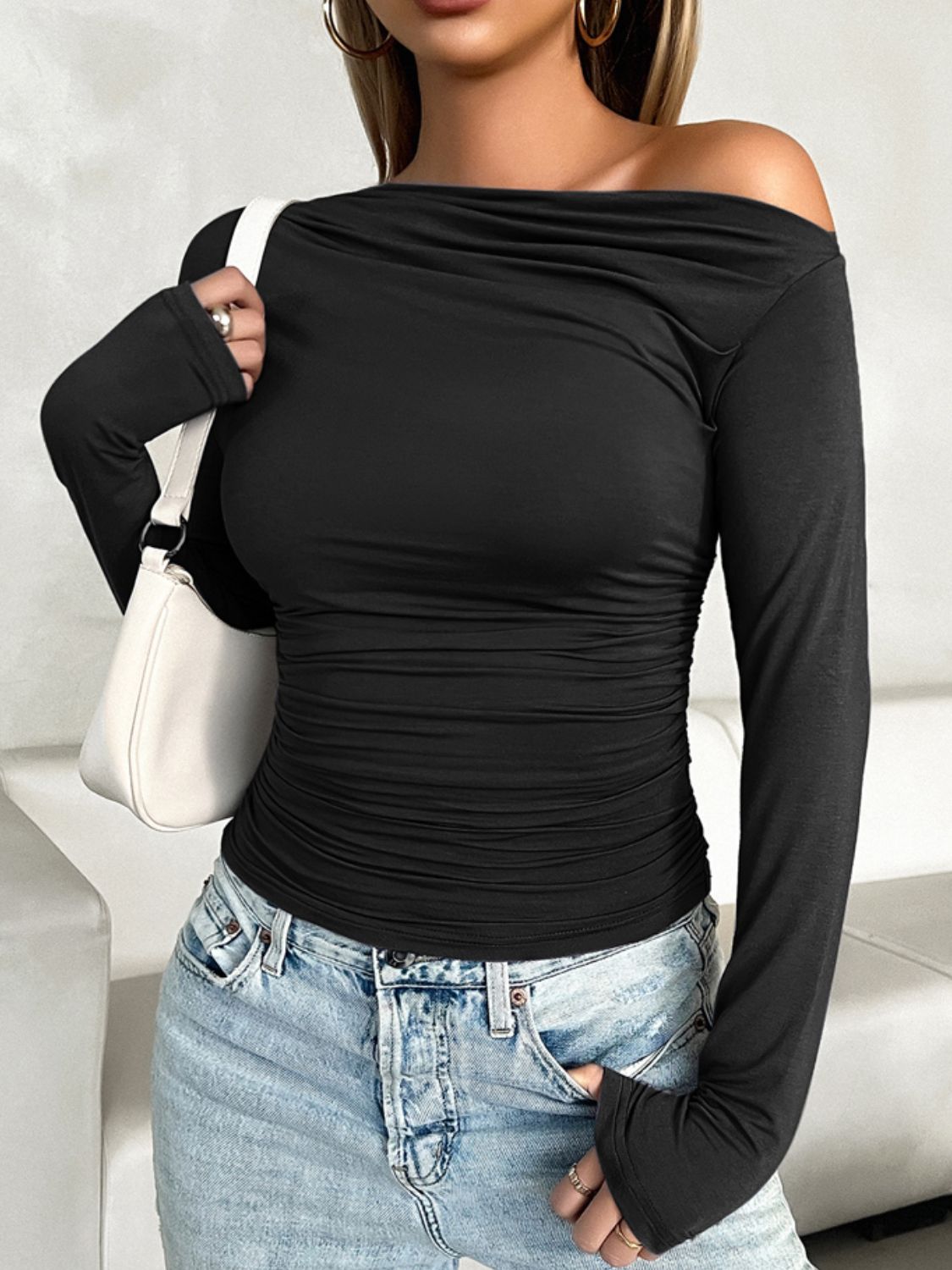 Ruched One Shoulder Long Sleeve T-Shirt in black, showcasing asymmetrical design and soft fabric.