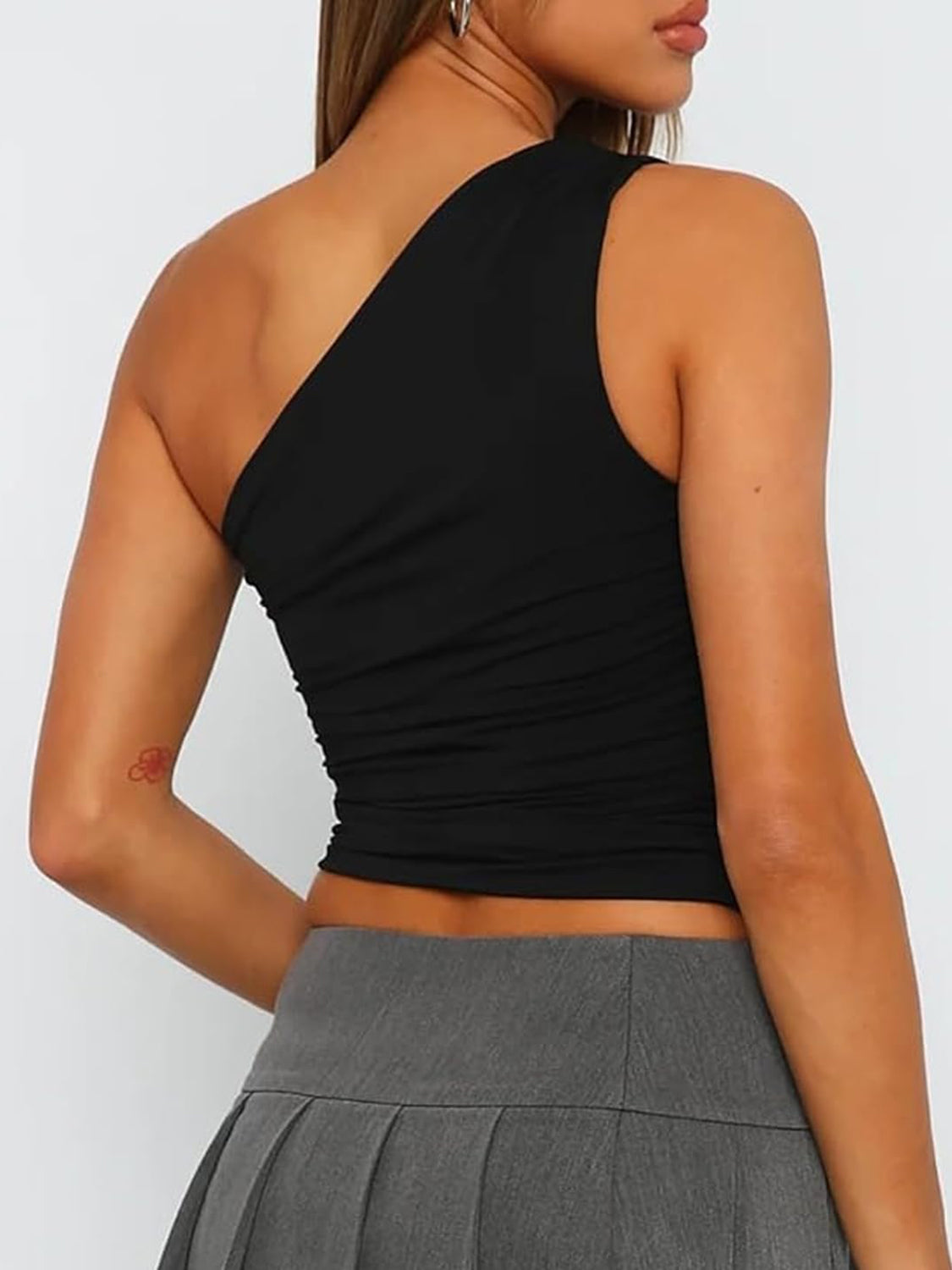 Ruched One Shoulder Tank in a stylish design, showcasing its elegant one-shoulder cut and soft fabric.