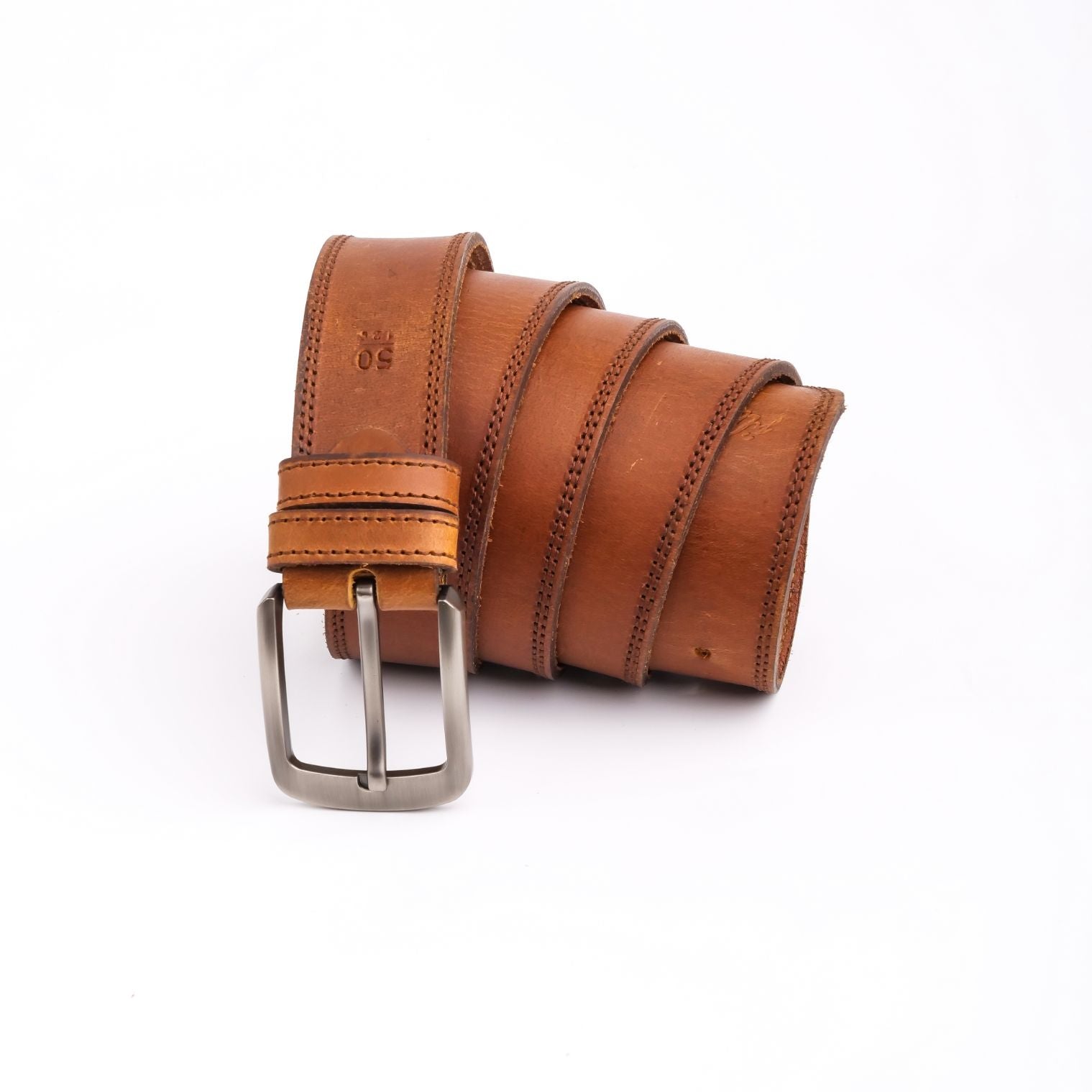 A rustic leather belt featuring double stitching and a single pin buckle, showcasing its durability and stylish design.